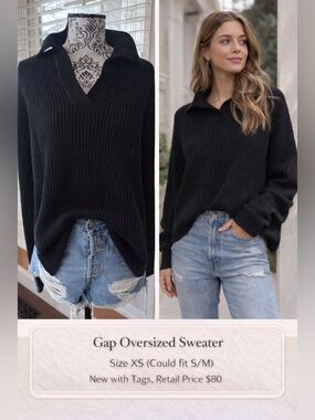Gap Black Oversized Ribbed Sweater XS Fits S M Slouchy Cozy Knit Pullover